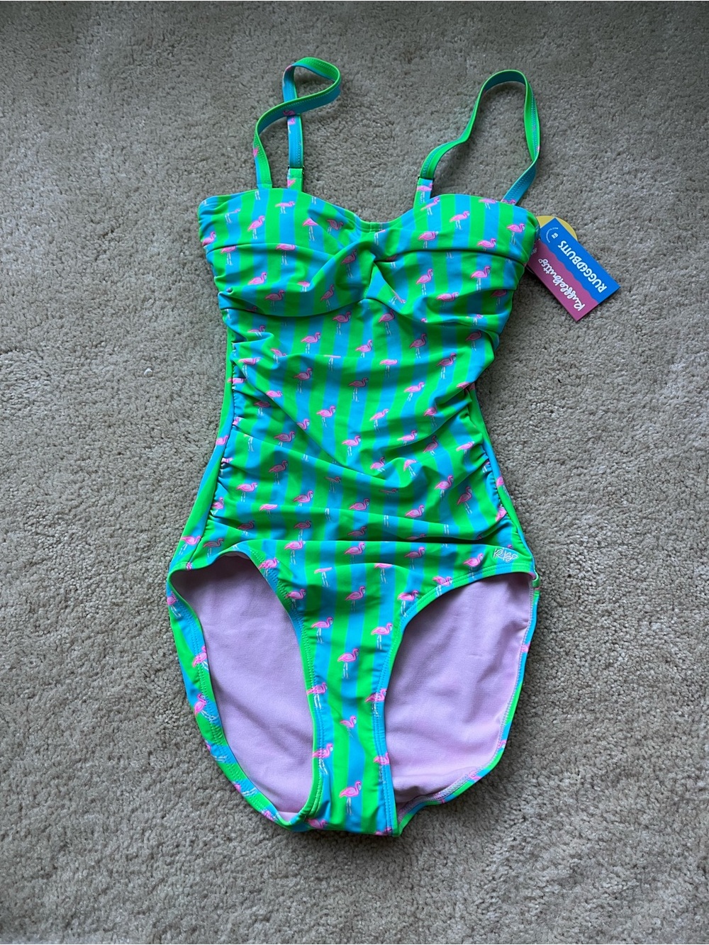 NWT Ruffle Butts Women’s Neon Flamingo One Piece Bandeau Swimsuit - XS - UPF 50+